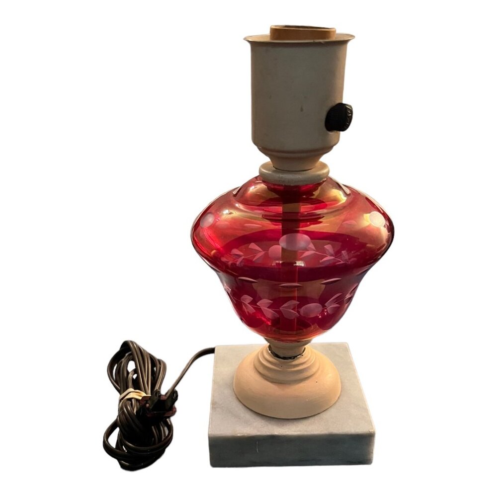 Vintage Red Glass Accent Table Lamp With White Floral Etching & Marble Base 9" T - Picture 7 of 11
